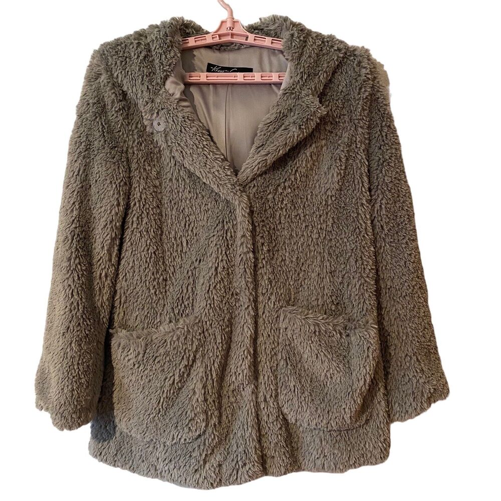 Teddy Bear Coat Womens Size M Kenneth Cole Gray Faux Fur Hooded Cozy Warm